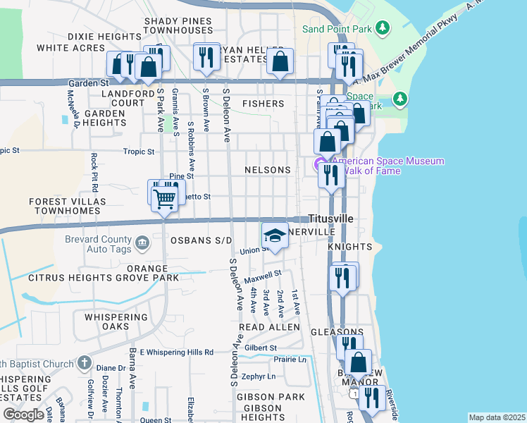 map of restaurants, bars, coffee shops, grocery stores, and more near 750 South Street in Titusville