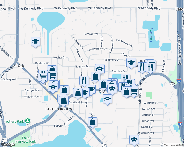 map of restaurants, bars, coffee shops, grocery stores, and more near 5306 Goddard Avenue in Orlando