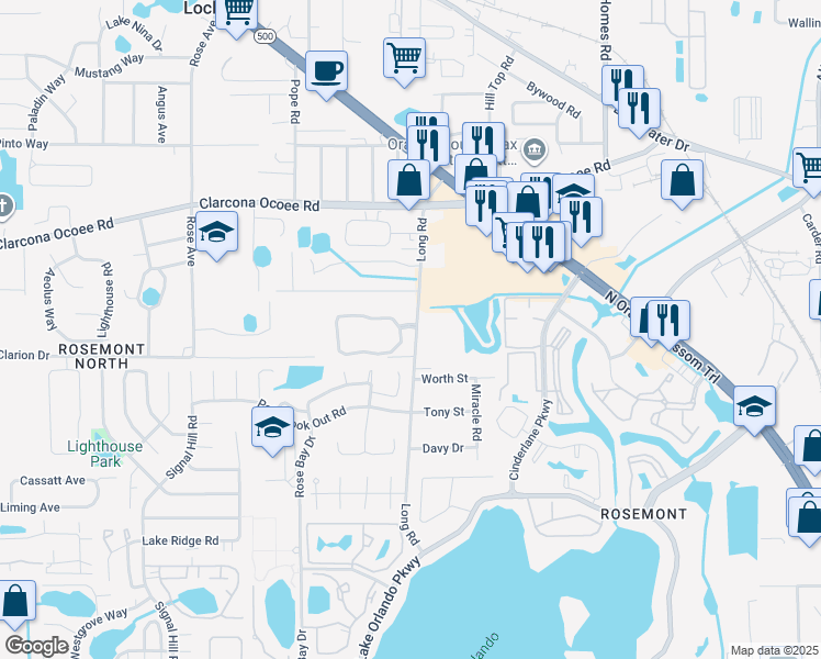 map of restaurants, bars, coffee shops, grocery stores, and more near 5232 Long Road in Orlando