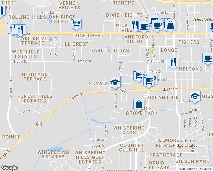 map of restaurants, bars, coffee shops, grocery stores, and more near 639 Angela Lane in Titusville