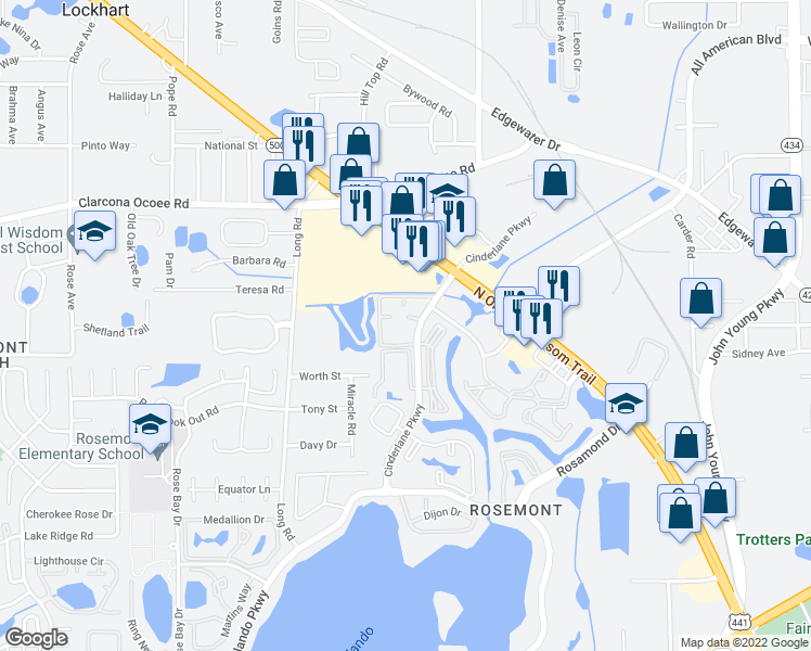 map of restaurants, bars, coffee shops, grocery stores, and more near 5528 Cinderlane Parkway in Orlando