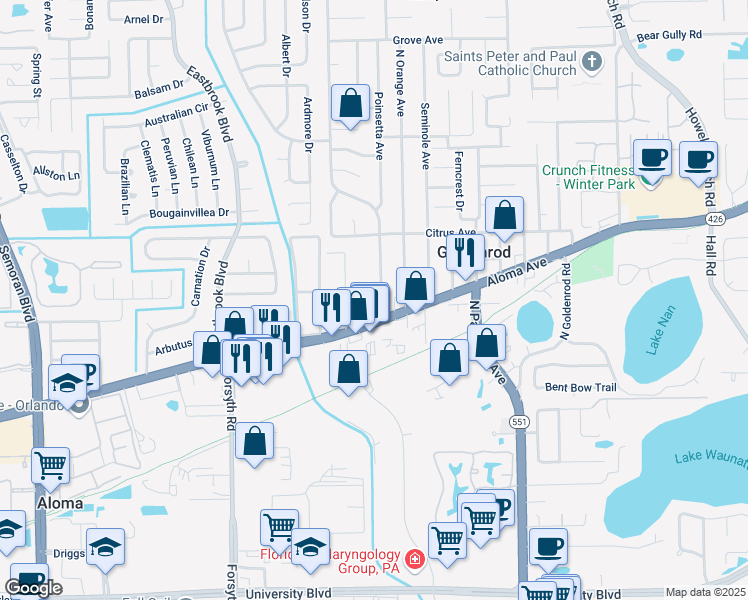 map of restaurants, bars, coffee shops, grocery stores, and more near 7201 Aloma Avenue in Winter Park