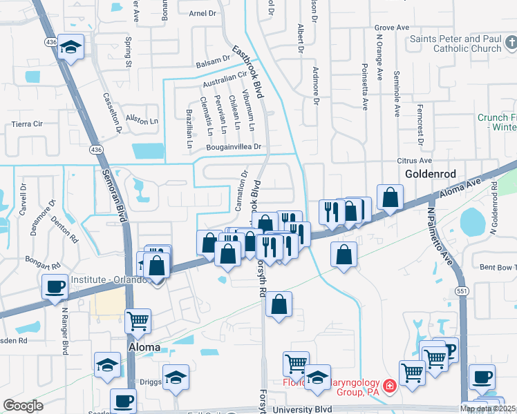 map of restaurants, bars, coffee shops, grocery stores, and more near 737 Eastbrook Boulevard in Winter Park