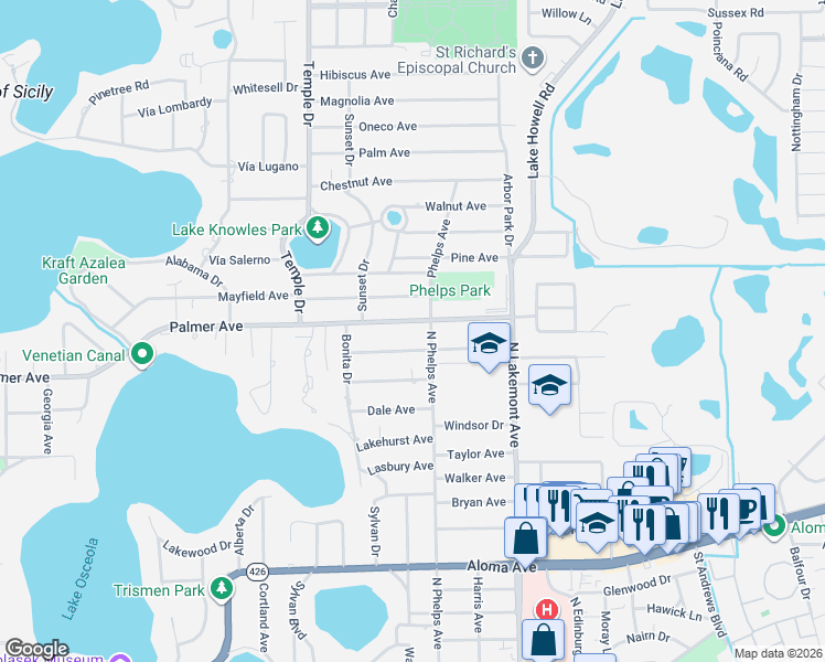 map of restaurants, bars, coffee shops, grocery stores, and more near 1691 Oakhurst Avenue in Winter Park