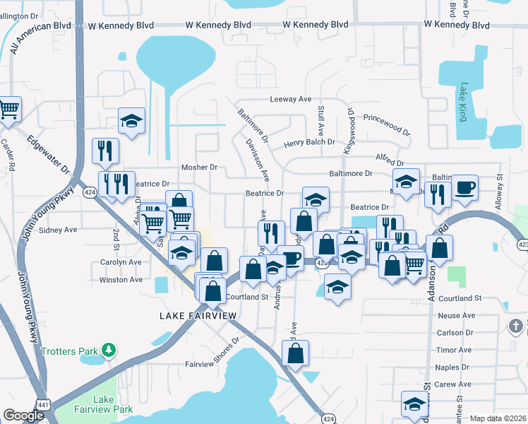 map of restaurants, bars, coffee shops, grocery stores, and more near 5321 Davisson Avenue in Orlando