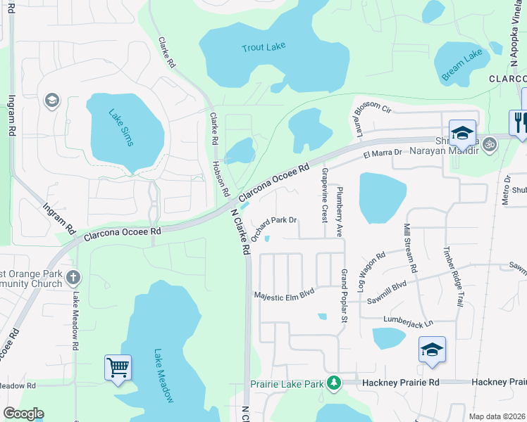 map of restaurants, bars, coffee shops, grocery stores, and more near 1882 Orchard Park Drive in Ocoee