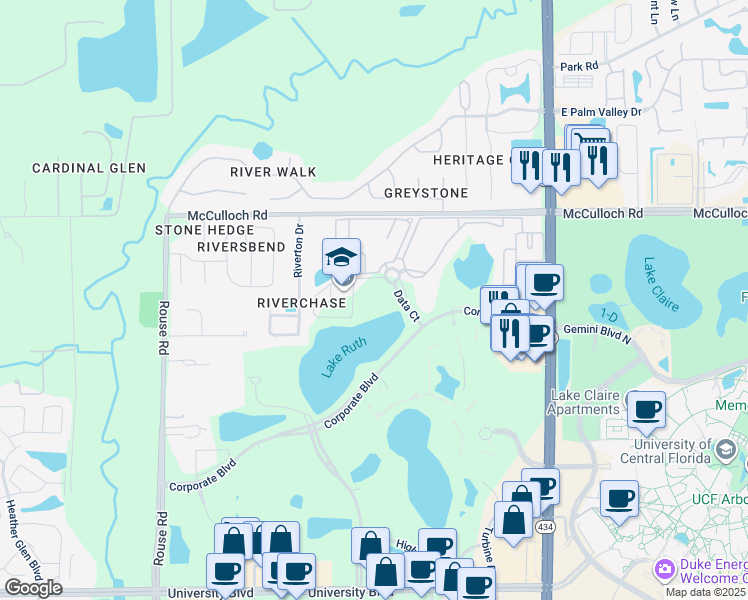 map of restaurants, bars, coffee shops, grocery stores, and more near 4811 Data Court in Orlando