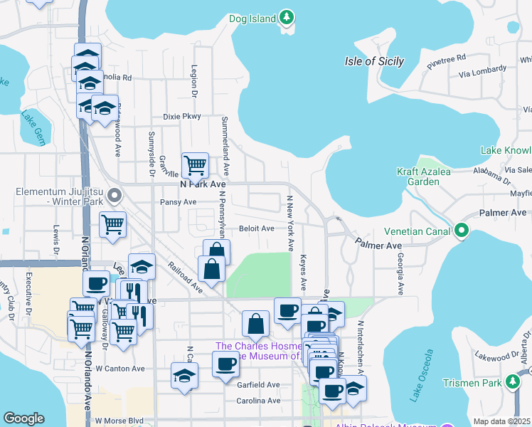 map of restaurants, bars, coffee shops, grocery stores, and more near 321 Beloit Avenue in Winter Park