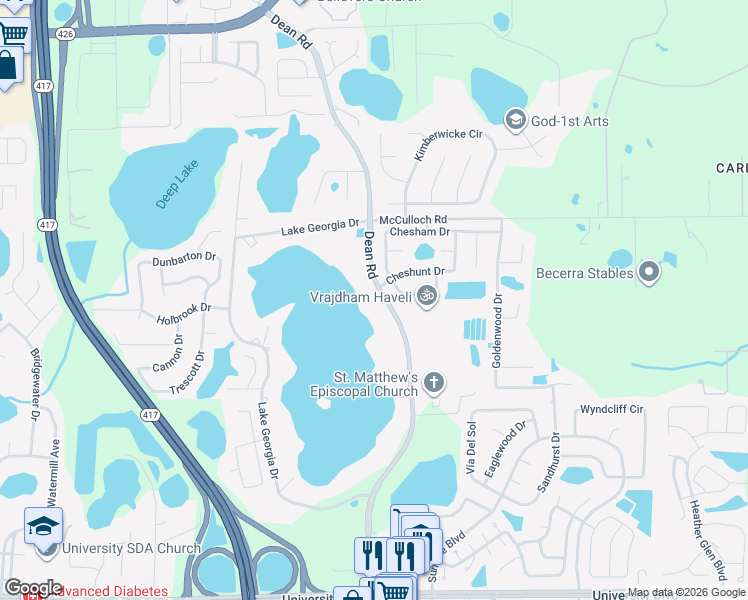 map of restaurants, bars, coffee shops, grocery stores, and more near 5800 North Dean Road in Orlando