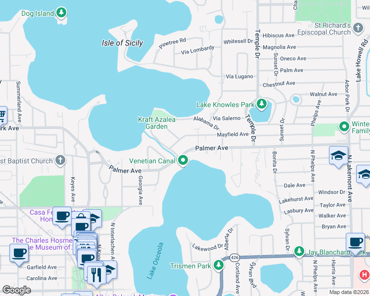 map of restaurants, bars, coffee shops, grocery stores, and more near 900 Palmer Avenue in Winter Park