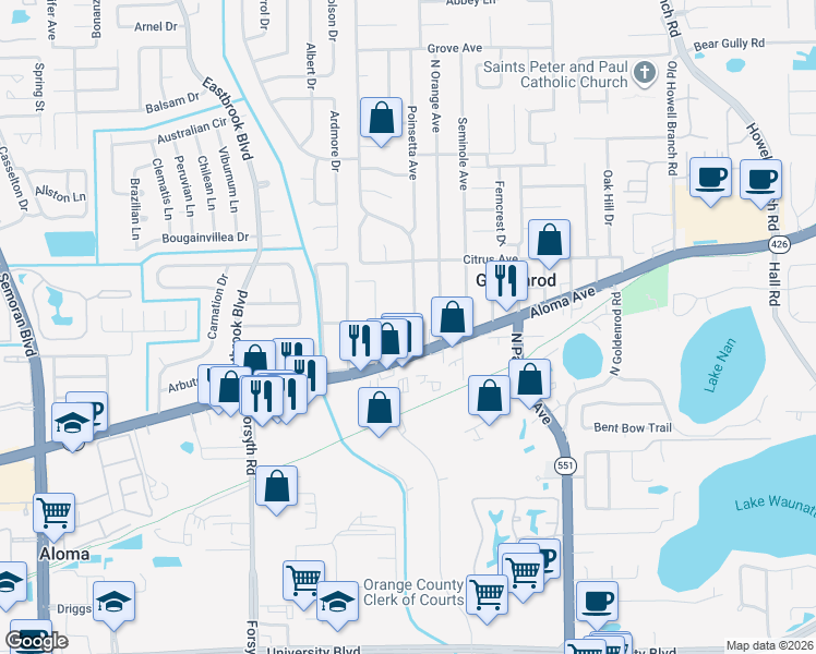 map of restaurants, bars, coffee shops, grocery stores, and more near 7201 Aloma Avenue in Winter Park