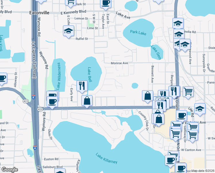 map of restaurants, bars, coffee shops, grocery stores, and more near 1930 Galen Avenue in Winter Park