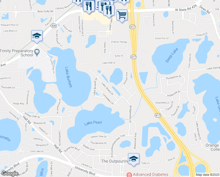 map of restaurants, bars, coffee shops, grocery stores, and more near 4777 Lonsdale Circle in Orlando