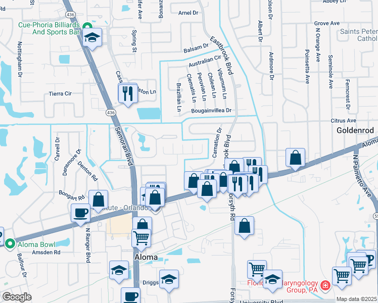map of restaurants, bars, coffee shops, grocery stores, and more near 663 Carnation Court in Winter Park