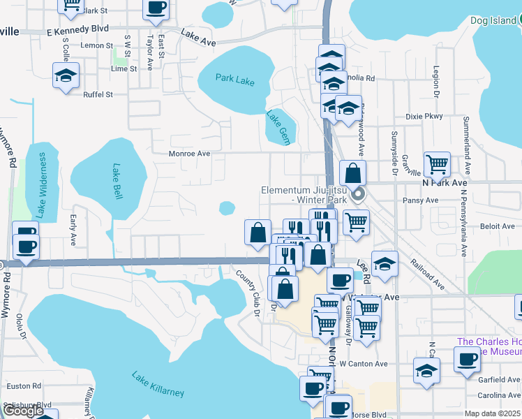 map of restaurants, bars, coffee shops, grocery stores, and more near 1112 Park Green Place in Winter Park