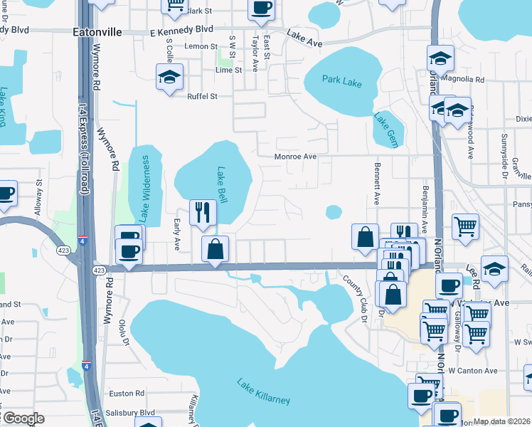 map of restaurants, bars, coffee shops, grocery stores, and more near 1930 Galen Avenue in Winter Park
