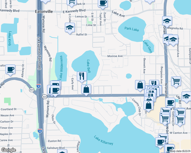 map of restaurants, bars, coffee shops, grocery stores, and more near 2030 Galen Avenue in Winter Park