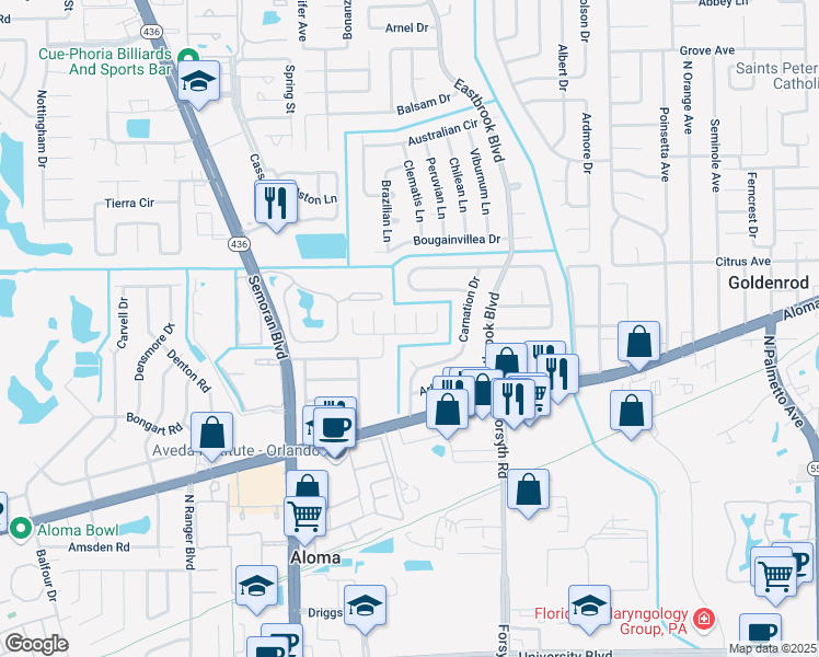 map of restaurants, bars, coffee shops, grocery stores, and more near 663 Carnation Court in Winter Park