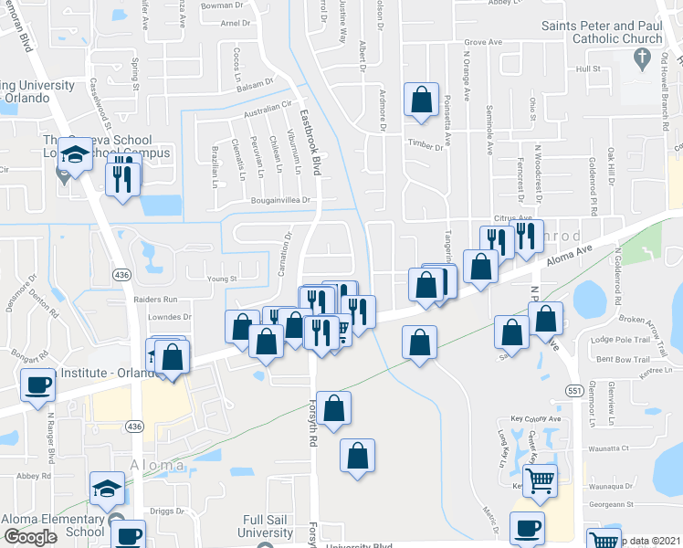map of restaurants, bars, coffee shops, grocery stores, and more near 620 Oak Reserve Lane in Winter Park