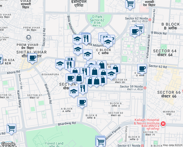 map of restaurants, bars, coffee shops, grocery stores, and more near Overseas Lane in Noida