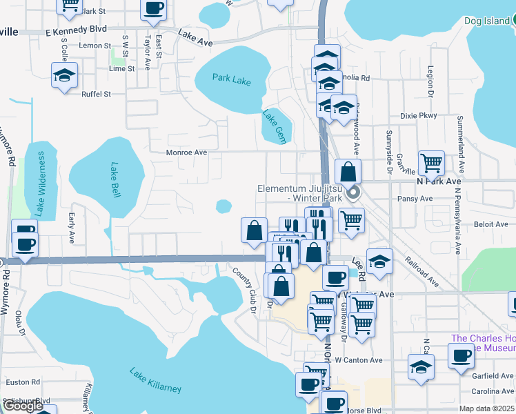 map of restaurants, bars, coffee shops, grocery stores, and more near 1112 Park Green Place in Winter Park