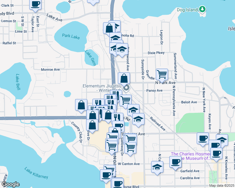 map of restaurants, bars, coffee shops, grocery stores, and more near 1150 Orlando Avenue in Winter Park