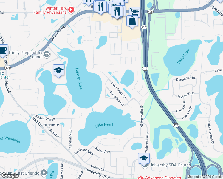 map of restaurants, bars, coffee shops, grocery stores, and more near 9107 Lake Burkett Drive in Orlando