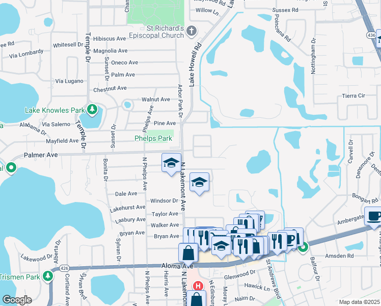 map of restaurants, bars, coffee shops, grocery stores, and more near 1805 Alice Avenue in Winter Park