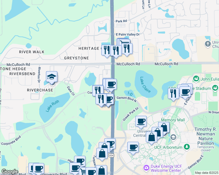 map of restaurants, bars, coffee shops, grocery stores, and more near 12440 Golden Knight Circle in Orlando