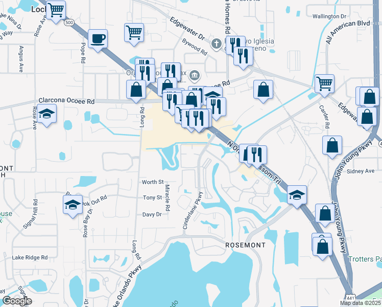 map of restaurants, bars, coffee shops, grocery stores, and more near 5552 San Mario Club in Orlando