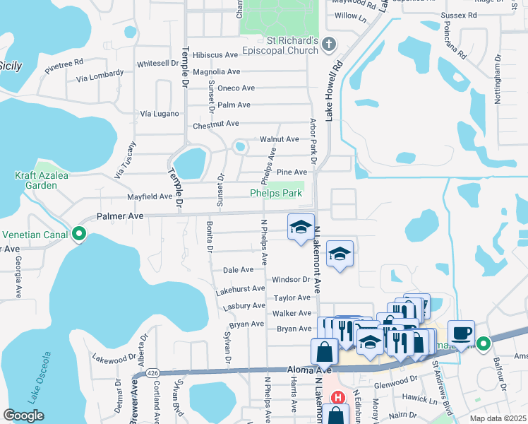 map of restaurants, bars, coffee shops, grocery stores, and more near 1200 North Phelps Avenue in Winter Park