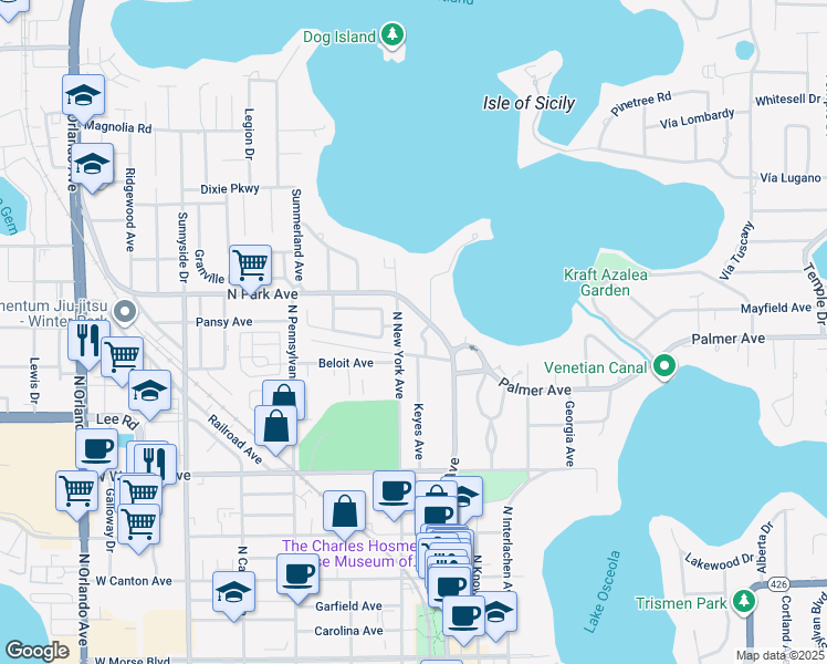 map of restaurants, bars, coffee shops, grocery stores, and more near 1161 Valencia Avenue in Winter Park