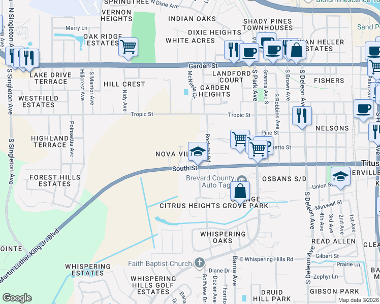 map of restaurants, bars, coffee shops, grocery stores, and more near 1896 South Street in Titusville