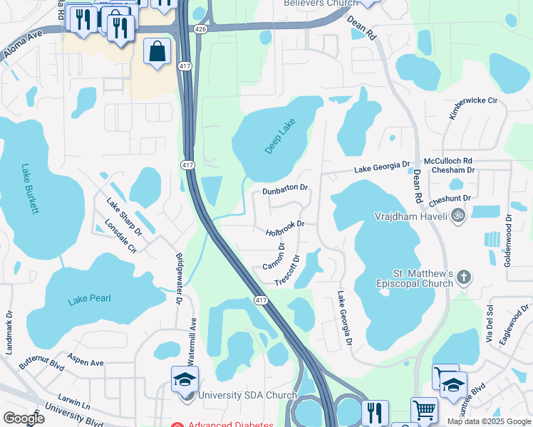 map of restaurants, bars, coffee shops, grocery stores, and more near 4712 Leacock Court in Orlando