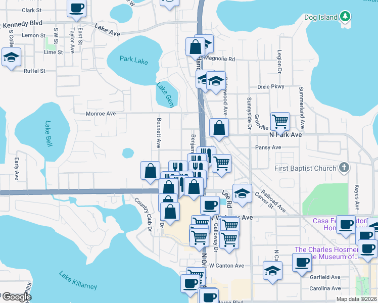 map of restaurants, bars, coffee shops, grocery stores, and more near 1175 Benjamin Avenue in Winter Park