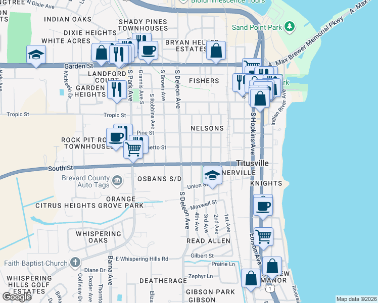 map of restaurants, bars, coffee shops, grocery stores, and more near 608 Wager Avenue in Titusville