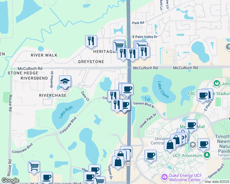 map of restaurants, bars, coffee shops, grocery stores, and more near 12348 Golden Knight Circle in Orlando