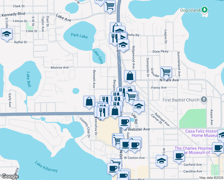 map of restaurants, bars, coffee shops, grocery stores, and more near 1175 Benjamin Avenue in Winter Park