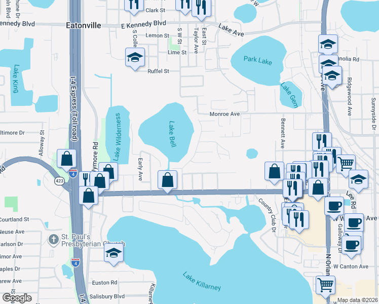 map of restaurants, bars, coffee shops, grocery stores, and more near 1052 Turner Road in Winter Park