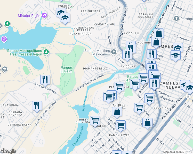map of restaurants, bars, coffee shops, grocery stores, and more near Avenida Prolongación Teófilo Borunda in Chihuahua