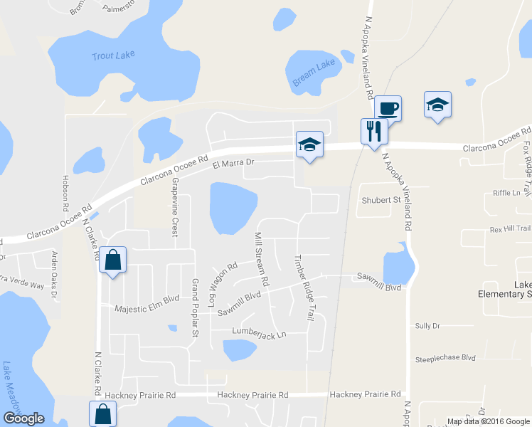 map of restaurants, bars, coffee shops, grocery stores, and more near 5224 Mill Stream Road in Ocoee