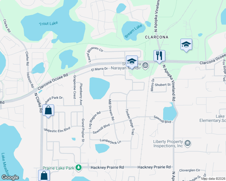 map of restaurants, bars, coffee shops, grocery stores, and more near 5224 Mill Stream Road in Ocoee