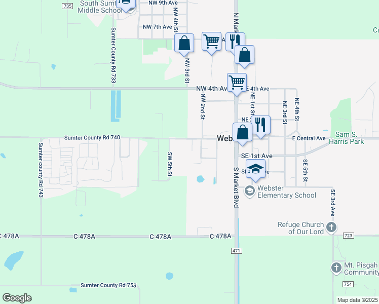 map of restaurants, bars, coffee shops, grocery stores, and more near 88 Southwest 3rd Street in Webster