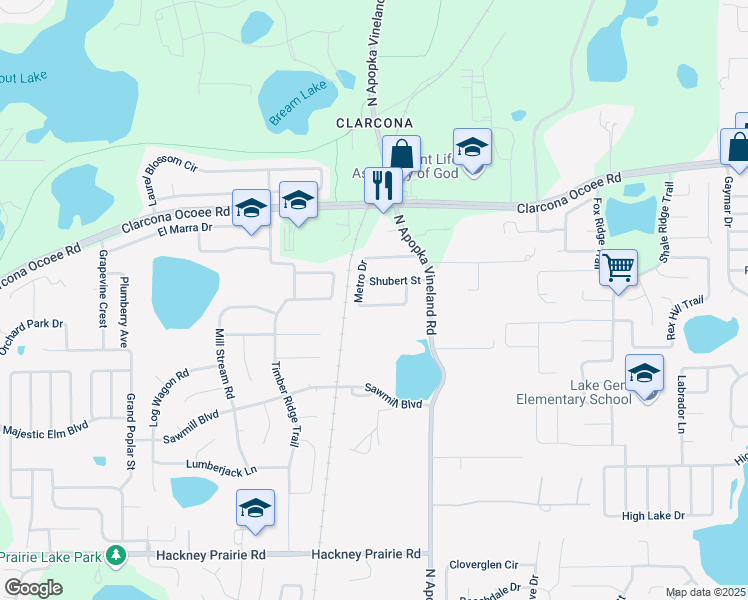 map of restaurants, bars, coffee shops, grocery stores, and more near 8230 Shubert Street in Orlando