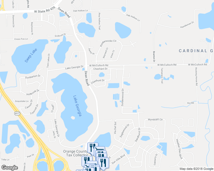 map of restaurants, bars, coffee shops, grocery stores, and more near 10084 Custer Circle in Orlando