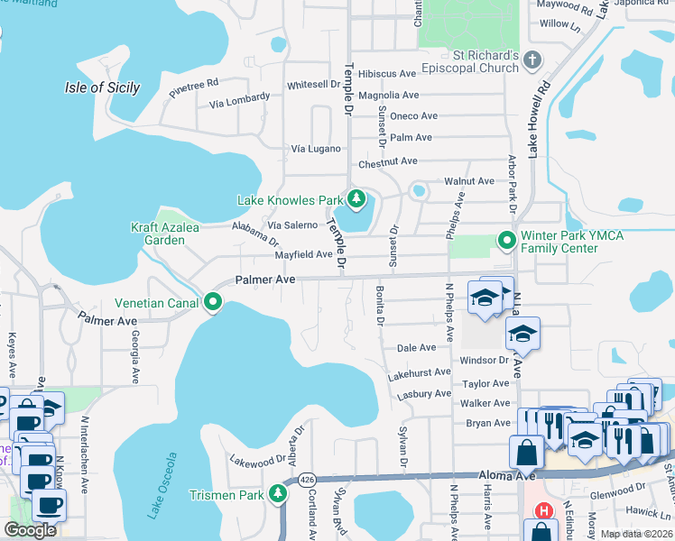 map of restaurants, bars, coffee shops, grocery stores, and more near 1330 Mayfield Avenue in Winter Park