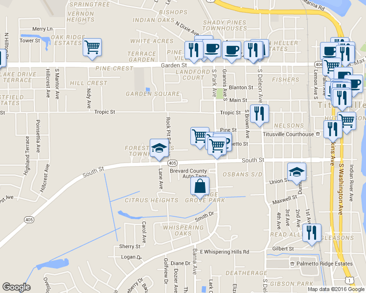 map of restaurants, bars, coffee shops, grocery stores, and more near 1680 Palmetto Street in Titusville