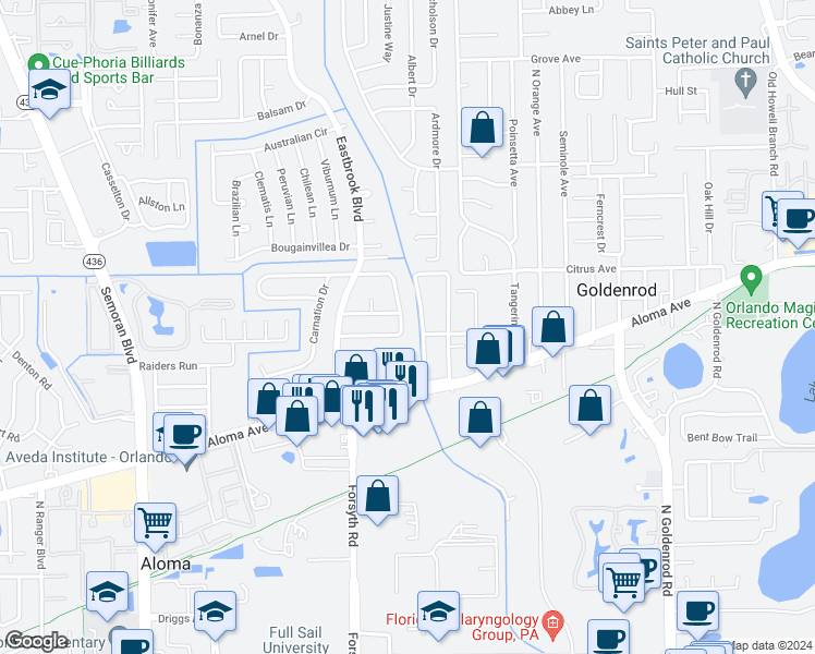 map of restaurants, bars, coffee shops, grocery stores, and more near 809 Mare Bello Drive in Winter Park