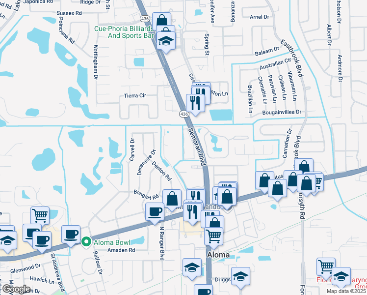 map of restaurants, bars, coffee shops, grocery stores, and more near 960 Semoran Park Drive in Winter Park