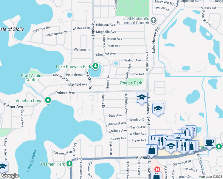 map of restaurants, bars, coffee shops, grocery stores, and more near 1570 Mayfield Avenue in Winter Park